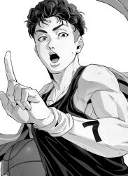Rule 34 | 1boy, ball, basketball, bui (buupopopopopo), greyscale, hand up, highres, holding, holding ball, looking at viewer, male focus, miyagi ryouta, monochrome, open mouth, short hair, simple background, slam dunk (series), solo, sweatdrop, tank top, towel on one shoulder, undercut, upper body, v-shaped eyebrows, wristband