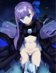 Rule 34 | 10s, 1girl, armor, blue eyes, blue ribbon, crotch plate, fate/extra, fate/extra ccc, fate (series), greaves, hair ribbon, head tilt, kawakami rokkaku, long hair, looking at viewer, meltryllis (fate), navel, purple hair, revealing clothes, ribbon, sitting, smile, solo, stomach, very long hair