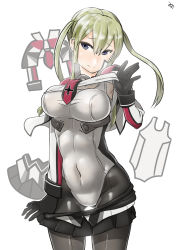 Rule 34 | 1girl, black gloves, black pantyhose, black skirt, blonde hair, breasts, commentary request, cowboy shot, cross, gloves, graf zeppelin (kancolle), grey eyes, hair between eyes, highres, iron cross, kantai collection, large breasts, military, military uniform, miniskirt, mr. t, necktie, one-piece swimsuit, pantyhose, pantyhose under swimsuit, pleated skirt, sidelocks, simple background, skirt, solo, swimsuit, swimsuit under clothes, tsurime, twintails, undressing, uniform, white background, white one-piece swimsuit