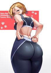Rule 34 | 1girl, adjusting clothes, ass, ass focus, black pants, black sports bra, blonde hair, blue eyes, blush, breasts, cammy white, character name, commentary, english commentary, facial scar, fingernails, from behind, high-waist pants, highres, looking at viewer, looking back, luxpineapple, medium breasts, nail polish, pants, red nails, scar, scar on cheek, scar on face, short hair, shoulder blades, solo, sports bra, street fighter, street fighter 6, thick thighs, thighs, tight clothes, tight pants, toned, yoga pants