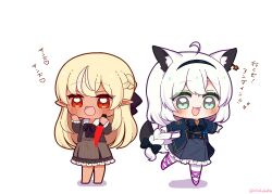 Rule 34 | 0725akaba, 2girls, :d, ahoge, animal ear fluff, animal ears, barefoot, black bow, black hairband, black jacket, black shirt, blonde hair, blue bow, blush, bow, braid, brown dress, chibi, collared dress, dark-skinned female, dark skin, dress, fox ears, fox girl, fox tail, frilled skirt, frills, green eyes, grey skirt, hair bow, hairband, highres, holding, holding knife, hololive, jacket, knife, long hair, multiple girls, open clothes, open jacket, open mouth, pantyhose, pink footwear, pointy ears, red eyes, shadow, shirakami fubuki, shiranui flare, shiranui flare (street), shirt, shoes, simple background, skirt, smile, standing, standing on one leg, tail, twitter username, very long hair, virtual youtuber, white background, white hair, white pantyhose