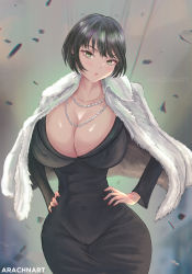 Rule 34 | 1girl, arachnart, artist name, black hair, breasts, cleavage, covered erect nipples, dress, fubuki (one-punch man), green eyes, hands on own hips, highres, jewelry, large breasts, necklace, one-punch man, short hair, solo
