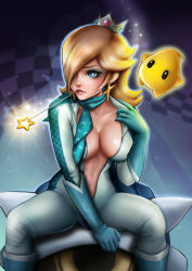 Rule 34 | 1girl, biker clothes, bikesuit, blonde hair, blue eyes, blue gloves, bodysuit, breasts, cleavage, crown, earrings, eyeshadow, gloves, hair over one eye, jewelry, koopa shell, large breasts, lips, luma (mario), makeup, mario (series), mario kart, mario kart 8, mario kart wii, mouth hold, navel, neckerchief, nintendo, no bra, nose, open clothes, open shirt, rosalina, shirt, sina (scrappy), sitting, sparkle, star (symbol), star earrings, super mario bros. 1, super mario galaxy, unzipped, wand