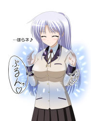 Rule 34 | 10s, 1girl, ^ ^, angel beats!, blazer, blush, breast expansion, breasts, buttons, closed eyes, jacket, kishi nisen, long hair, medium breasts, pocket, ribbon, school uniform, silver hair, simple background, skirt, smile, solo, tenshi (angel beats!), transformation, translated, white background, yellow eyes