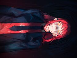 Rule 34 | 1girl, black jacket, black necktie, blood, blood from mouth, blood on clothes, blood on face, bloody tears, chainsaw man, collared shirt, dark, formal, hair down, highres, jacket, kozzz y, long hair, looking at viewer, makima (chainsaw man), necktie, red hair, ringed eyes, shirt, sideways, solo, suit, suit jacket, yellow eyes