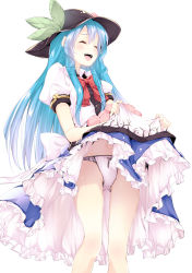 Rule 34 | 1girl, bare legs, blue hair, bow, bowtie, closed eyes, clothes lift, dress, dress lift, female focus, food, frills, fruit, gathers, happy, hat, hinanawi tenshi, legs, long hair, navel, open mouth, panties, pantyshot, peach, petticoat, simple background, skirt basket, smile, solo, subachi, touhou, underwear, upskirt