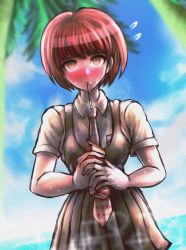 Rule 34 | 1girl, blush, box, breasts, checkered clothes, checkered necktie, checkered neckwear, cowboy shot, danganronpa (series), danganronpa 2: goodbye despair, day, dress, dutch angle, flying sweatdrops, food, freckles, full-face blush, green eyes, holding, holding box, koizumi mahiru, long hair, medium breasts, minster (dooke), mouth hold, necktie, official style, palm tree, pinafore dress, pocky, red hair, school uniform, short hair, short sleeves, sky, sleeveless, sleeveless dress, solo, tree