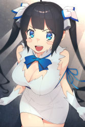 Rule 34 | 1girl, :d, absurdres, bare legs, black hair, blue eyes, blue ribbon, blunt bangs, blush stickers, breasts, cleavage, cleavage cutout, clothing cutout, commentary request, cowboy shot, dress, dungeon ni deai wo motomeru no wa machigatteiru darou ka, gloves, hair ornament, hestia (danmachi), highres, large breasts, long hair, open mouth, pencil dress, rei no himo, ribbon, short dress, sidelocks, smile, solo, standing, teeth, twintails, ubo (ubo tales), upper teeth only, white dress, white gloves