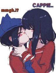 2girls black_hair blue_gloves blue_hat blush_stickers closed_eyes commentary cool_mita_(miside) face-to-face gloves hat highres kiss long_hair long_sleeves miside mita_(miside) multiple_girls neonsquare nice_mita_(miside) red_sweater simple_background sketch sweater upper_body white_background yuri