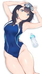 Rule 34 | 1girl, armpits, bare shoulders, black hair, blue eyes, blue one-piece swimsuit, blush, breasts, closed mouth, gridman universe, highres, long hair, looking at viewer, lying, medium breasts, nekoshoko, on back, one-piece swimsuit, simple background, solo, ssss.gridman, swimsuit, takarada rikka, thick thighs, thighs, white background
