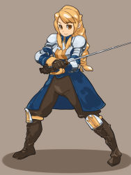 Rule 34 | 1girl, agrias oaks, armor, blonde hair, boobplate, braid, braided ponytail, breastplate, brown background, fgz, final fantasy, final fantasy tactics, holding, long hair, plate armor, simple background, single braid, solo, two-handed, v-shaped eyebrows