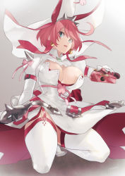 Rule 34 | blue eyes, breasts, cleavage, elphelt valentine, fingernails over gloves, garter straps, gloves, guilty gear, guilty gear xrd, gun, large breasts, long sleeves, maka (morphine), pink hair, short hair, solo, thighhighs, veil, weapon, white thighhighs