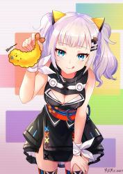 Rule 34 | 1girl, 2018, :q, animal ears, artist name, black jacket, black skirt, blue eyes, bow, breasts, cat ears, cleavage, cleavage cutout, clothing cutout, cowboy shot, dated, hair ornament, hairclip, hand on lap, highres, holding, jacket, kaguya luna, leaning forward, long hair, looking at viewer, medium breasts, mikmix, miniskirt, silver hair, skirt, sleeveless, sleeveless jacket, solo, standing, the moon studio, thighhighs, tongue, tongue out, twintails, virtual youtuber, white bow