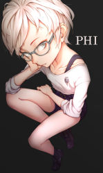 Rule 34 | 1girl, blue-framed eyewear, blue eyes, boots, character name, from above, glasses, hand on own cheek, hand on own face, high-waist shorts, highres, kyokugen dasshutsu, looking at viewer, paxio44, phi (kyokugen dasshutsu), shorts, simple background, sitting, solo, white hair, zero escape: toki no jirenma