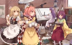 Rule 34 | 4girls, :o, apron, asakura rikako, bell, black dress, blonde hair, book, book stack, bookshelf, bow, box, braid, brick wall, checkered clothes, checkered kimono, coffee cup, cup, disposable cup, drawing, drawing board, drawing equipment, dress, eating, floral print, food, food on face, frilled apron, frills, glasses, hair bell, hair bow, hair ornament, hakama, hakama skirt, hieda no akyuu, holding, holding cup, holding food, holding tray, indoors, japanese clothes, kimono, kirisame marisa, lantern, long hair, long sleeves, looking at another, motoori kosuzu, multiple girls, no headwear, open book, open mouth, paper, patchouli knowledge, profile, puffy short sleeves, puffy sleeves, purple eyes, purple hair, reading, red eyes, red hair, sandals, sandwich, short sleeves, side braid, single braid, sitting, skirt, skirt set, smile, socks, standing, stool, tabi, touhou, touhou (pc-98), toutenkou, tray, two side up, waist apron, white dress, wide sleeves, wooden floor, yellow eyes