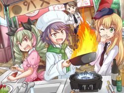 Rule 34 | 10s, 4girls, alternate costume, amaretto (girls und panzer), anchovy (girls und panzer), bandana, beret, black hair, black skirt, blonde hair, braid, brown eyes, brown hair, carpaccio (girls und panzer), chef, chef hat, cooking, covering own mouth, dress, dress shirt, drill hair, emblem, extra, frying pan, girls und panzer, green eyes, green hair, hair ribbon, hat, holding, kitayama miuki, knife, long hair, long sleeves, looking at another, looking back, multiple girls, necktie, one eye closed, open mouth, pepperoni (girls und panzer), pink dress, red eyes, ribbon, school uniform, shirt, short hair, short sleeves, side braid, skirt, smile, standing, sweatdrop, twin drills, twintails, wavy mouth, white shirt