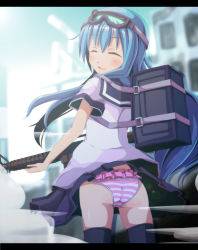 Rule 34 | 1girl, ass, assault rifle, back, backpack, bag, black thighhighs, blue hair, blush, closed eyes, day, frilled panties, frills, from behind, goggles, goggles on head, gun, highres, holding, letterboxed, long hair, looking back, miniskirt, open mouth, original, outdoors, panties, pantyshot, pink panties, pleated skirt, rifle, school uniform, serafuku, skirt, sky, solo, standing, striped clothes, striped panties, thighhighs, underwear, upskirt, weapon, wind, wind lift, yukikasa