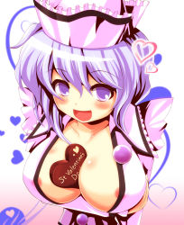 Rule 34 | 1girl, :d, areola slip, arm grab, bad id, bad pixiv id, between breasts, blouse, blue eyes, blue hair, blush, breast hold, breasts, candy, chocolate, chocolate heart, chocolate on body, chocolate on breasts, cleavage, covered erect nipples, female focus, food, food on body, from above, hat, heart, instrument, kisaragi zwei, large breasts, looking at viewer, matching hair/eyes, merlin prismriver, open clothes, open mouth, open shirt, shirt, short hair, skirt, smile, solo, touhou, trumpet, valentine