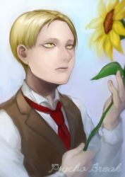 Rule 34 | 1boy, blonde hair, flower, kizdollark, male focus, ruvik, solo, sunflower, the evil within, yellow eyes, aged down