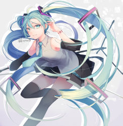 Rule 34 | 1girl, ahoge, bare shoulders, black skirt, black sleeves, black thighhighs, collared shirt, commentary request, feet out of frame, green eyes, green hair, green necktie, grey background, grey shirt, hair between eyes, hatsune miku, highres, holding, holding microphone stand, kuroi (liar-player), long hair, long sleeves, looking at viewer, microphone stand, necktie, parted lips, pleated skirt, shirt, skirt, sleeveless, sleeveless shirt, smile, solo, standing, standing on one leg, thighhighs, twintails, very long hair, vocaloid, wide sleeves
