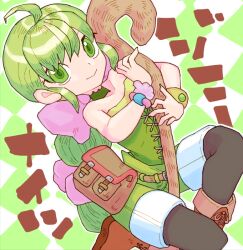 Rule 34 | 1girl, ahoge, argyle, argyle background, argyle clothes, bare shoulders, belt, black pantyhose, brown belt, brown footwear, character name, closed mouth, fold-over boots, green eyes, green hair, holding, holding staff, long hair, multi-tied hair, pantyhose, pantyhose under shorts, saga, saga frontier 2, shorts, sicky (pit-bull), smile, solo, staff, virginia knights