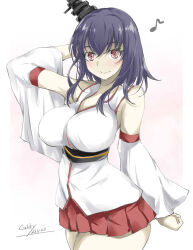 Rule 34 | 1girl, black hair, breasts, dated, detached sleeves, eighth note, gakky, hakama, hakama skirt, headgear, highres, japanese clothes, kantai collection, large breasts, looking at viewer, musical note, nontraditional miko, one-hour drawing challenge, pleated skirt, red eyes, red skirt, short hair, skirt, solo, standing, white background, wide sleeves, yamashiro (kancolle)