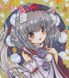 Rule 34 | 1girl, :o, animal ear fluff, animal ears, bare shoulders, blush, breasts, detached sleeves, fang, grey hair, hat, inubashiri momiji, looking at viewer, marker (medium), medium breasts, medium hair, open mouth, pom pom (clothes), red eyes, red hat, ribbon-trimmed sleeves, ribbon trim, rui (sugar3), sample watermark, shirt, sleeveless, sleeveless shirt, solo, tail, tokin hat, touhou, traditional media, upper body, watermark, white shirt, wide sleeves, wolf ears, wolf tail