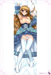 Rule 34 | 1girl, absurdres, armpits, blonde hair, blush, breasts, clothes lift, copyright request, crown, dakimakura (medium), detached sleeves, dress, dress lift, full body, garter straps, green eyes, highres, large breasts, legs, long legs, lying, misaki kurehito, nipples, no bra, panties, panty pull, parted lips, skirt, skirt lift, solo, thighhighs, underwear, white panties, white thighhighs