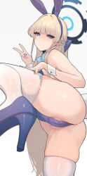 Rule 34 | 1girl, animal ears, ass, bare shoulders, blonde hair, blue archive, blue eyes, blue leotard, blush, bow, bowtie, braid, breasts, crotch, detached collar, fake animal ears, french braid, halo, high heels, highleg, highleg leotard, highres, leotard, long hair, looking at viewer, medium breasts, nashida bell, playboy bunny, rabbit ears, solo, thighhighs, thighs, toki (blue archive), toki (bunny) (blue archive), v, variant set, white thighhighs, wrist cuffs
