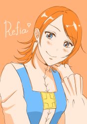 Rule 34 | 1girl, absurdres, ashiashi, blue eyes, blush, character name, earrings, final fantasy, final fantasy iii, highres, jewelry, looking at viewer, orange hair, refia, simple background, smile, solo, upper body