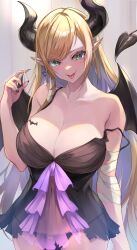 Rule 34 | 1girl, alternate costume, bandaged arm, bandages, bare shoulders, black horns, black nails, black panties, black wings, blonde hair, breasts, cleavage, collarbone, commentary request, covered navel, demon girl, demon horns, demon tail, demon wings, fingernails, green eyes, highres, hololive, horns, large breasts, lingerie, looking at viewer, multicolored background, nail polish, omoti (1201208), panties, parted bangs, pointy ears, sharp fingernails, solo, strap slip, swept bangs, tail, tongue, tongue out, underwear, upper body, virtual youtuber, wings, yuzuki choco