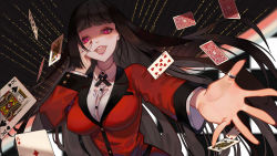 Rule 34 | 1girl, black hair, breasts, broken finger, card, commentary, heart, hime cut, jabami yumeko, jacket, jewelry, kakegurui, large breasts, long hair, long sleeves, looking at viewer, nail polish, open mouth, peach luo, pink eyes, playing card, red eyes, red jacket, red nails, ring, school uniform, shirt, solo, teeth, upper teeth only, very long hair, white shirt