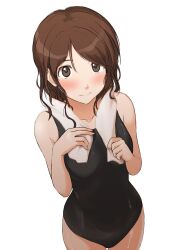 Rule 34 | 1girl, amagami, bare arms, bare shoulders, black one-piece swimsuit, blush, breasts, brown eyes, brown hair, closed mouth, collarbone, competition swimsuit, highres, looking at viewer, medium breasts, medium hair, nakata sae, one-piece swimsuit, parted bangs, simple background, solo, swimsuit, takenoko saba otto, towel, towel around neck, wet, wet clothes, wet hair, wet swimsuit, white background