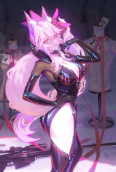 Rule 34 | 1girl, animal ear fluff, animal ears, ass, black bodysuit, black gloves, bodysuit, breasts, cleavage, cowboy shot, elbow gloves, fate (series), from side, gloves, hand on own hip, highres, hip vent, koyanskaya (fate), large breasts, latex, latex gloves, long hair, looking at viewer, pink hair, rectangular eyewear, sansan (dongfangzhong111), solo, very long hair