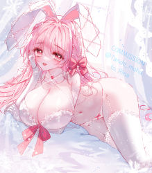 Rule 34 | 1girl, animal ears, bare shoulders, bow, bow bra, bow panties, bra, breasts, bunny rina, cleavage, collarbone, commentary, commission, elbow gloves, garter straps, gloves, hair between eyes, hair bow, highres, indie virtual youtuber, large breasts, long hair, lying, navel, on side, panties, pink hair, rabbit ears, red bow, red eyes, solo, tandohark, thighhighs, twitter username, underwear, underwear only, very long hair, virtual youtuber, white bra, white gloves, white panties, white thighhighs, window