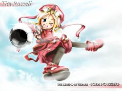 Rule 34 | 1girl, arm cannon, blonde hair, blue eyes, blue sky, character name, copyright name, eiyuu densetsu, falcom, female focus, full body, goggles, goggles on head, gradient background, hat, highres, one eye closed, open mouth, outdoors, red star (toranecomet), shirt, shorts, skirt, sky, smile, solo, sora no kiseki, tita russell, weapon, wink