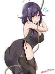 Rule 34 | 1girl, alternate costume, ass, black dress, black thighhighs, blush, breasts, china dress, chinese clothes, dress, hair between eyes, hair flaps, hair ornament, highres, kantai collection, large breasts, long hair, looking at viewer, no shoes, one-hour drawing challenge, purple hair, red eyes, saku (kudrove), simple background, soles, solo, taigei (kancolle), thighhighs, thighs, white background