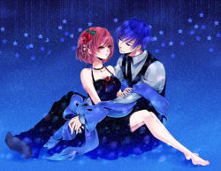 Rule 34 | 1boy, 1girl, bare shoulders, barefoot, black dress, blue eyes, blue hair, blue scarf, bow, brown eyes, brown hair, collarbone, couple, dress, eye contact, flower, hair flower, hair ornament, hetero, kaito (vocaloid), looking at another, meiko (vocaloid), necktie, scarf, short hair, tonyo (milky crown), totono, vest, vocaloid