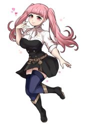 Rule 34 | 1girl, absurdres, belt, blue thighhighs, boots, closed mouth, fire emblem, fire emblem: three houses, full body, heart, highres, hilda valentine goneril, jojonium art, long hair, nintendo, pink eyes, pink hair, short sleeves, simple background, smile, solo, thighhighs, thighhighs under boots, twintails, uniform, white background, zettai ryouiki