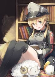 Rule 34 | 10s, 1girl, :d, black thighhighs, blonde hair, blue eyes, book, bookshelf, failure penguin, hat, highres, kantai collection, looking at viewer, low twintails, makihitsuji, military, military uniform, open book, open mouth, prinz eugen (kancolle), round teeth, sitting, skirt, smile, solo, stuffed animal, stuffed sheep, stuffed toy, teddy bear, teeth, thighhighs, twintails, uniform