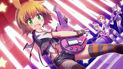 Rule 34 | &gt;:d, 3girls, :d, clothing cutout, drum, drum set, drumming, drumsticks, fingerless gloves, furrowed brow, gal gun, gal gun double peace, gloves, green eyes, guitar, highres, holding, instrument, multiple girls, navel, official art, open mouth, orange hair, short shorts, short sleeves, shorts, shoulder cutout, smile, striped clothes, striped legwear, striped thighhighs, suspenders, thighhighs, uno aoi, v-shaped eyebrows