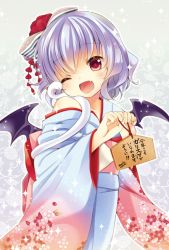 Rule 34 | 1girl, ;d, alternate costume, bad id, bad pixiv id, bat wings, blush, ema, fang, female focus, floral print, flower, furisode, hair flower, hair ornament, irori, japanese clothes, kimono, light purple hair, new year, obi, off shoulder, one eye closed, open mouth, red eyes, remilia scarlet, sash, short hair, smile, snake, solo, sparkle, touhou, translation request, white snake, wings, wink, yukata