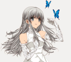 Rule 34 | 1girl, bad id, bad pixiv id, bare shoulders, braid, bug, butterfly, elbow gloves, gloves, grey background, grey eyes, insect, long hair, misteor, original, silver hair, simple background, smile, solo, very long hair, white gloves