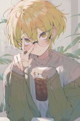 Rule 34 | 1boy, absurdres, blonde hair, blush, casual, closed mouth, coat, coffee, cup, disposable cup, glasses, green coat, grey sweater, highres, holding, holding cup, ice, ice cube, limbus company, long sleeves, looking at viewer, maratang, plant, project moon, round eyewear, sinclair (project moon), smile, sweater, upper body, v, yellow eyes