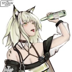 Rule 34 | 1girl, animal ear fluff, animal ears, arknights, arm up, artist logo, artist name, bare shoulders, belt, belt buckle, belt collar, bottle, breasts, brown belt, brown collar, buckle, cat ears, cat girl, chinese commentary, cleavage, collar, commentary request, glass bottle, green eyes, green hair, grey hair, halterneck, highres, holding, holding bottle, kal&#039;tsit (arknights), long sleeves, looking at object, looking up, material growth, medium hair, off shoulder, open mouth, oripathy lesion (arknights), pouring, see-through, see-through sleeves, simple background, solo, stethoscope, straw thoughts (daocao), teeth, tongue, tongue out, upper body, upper teeth only, white background