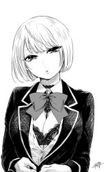 Rule 34 | 1girl, bra, breasts, cleavage, collared shirt, commentary request, frilled bra, frills, greyscale, head tilt, highres, jacket, large breasts, long sleeves, looking at viewer, monochrome, neck ribbon, nikaidou kou, original, parted lips, ribbon, shirt, short hair, signature, solo, underwear, upper body, white shirt