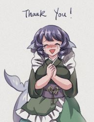 Rule 34 | 1girl, ^ ^, blue hair, blush, breasts, closed eyes, crying, curvy, drill hair, english text, facing viewer, fins, happy tears, head fins, japanese clothes, kimono, large breasts, mermaid, monster girl, obi, orz (kagewaka), sash, solo, tears, thank you, touhou, triangle mouth, wakasagihime