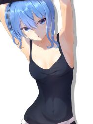 Rule 34 | 1girl, :o, armpits, arms up, black tank top, blue eyes, blue hair, breasts, covered navel, high side ponytail, highres, hololive, hololive dance practice uniform, hoshimachi suisei, looking at viewer, open mouth, rain lambda, small breasts, solo, star (symbol), star in eye, sweat, symbol in eye, tank top, virtual youtuber