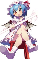 Rule 34 | 1girl, :d, absurdres, bat wings, blue hair, boots, breasts, crossed legs, fang, hat, hat ribbon, highres, mob cap, open mouth, orange eyes, puffy short sleeves, puffy sleeves, red ribbon, remilia scarlet, ribbon, ribbon trim, sakaki (utigi), short hair, short sleeves, sitting, small breasts, smile, solo, spear the gungnir, touhou, v-shaped eyebrows, white footwear, white hat, wings