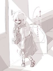 Rule 34 | 1girl, blush, bobby socks, door, female focus, flat chest, full body, half-closed eyes, hand up, have to pee, indoors, japanese text, knees together feet apart, leaning forward, long sleeves, mary janes, medium hair, monochrome, mopo, neckerchief, nose blush, open mouth, original, pleated skirt, sailor collar, seat, shirt, shoes, sidelocks, sketch, skirt, socks, solo, standing, sweat, thought bubble, train interior, translation request, window